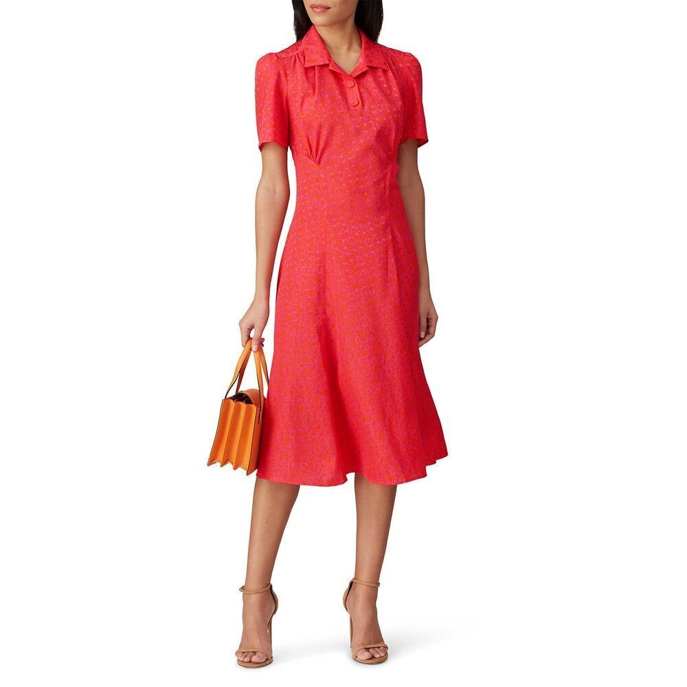 TARA JARMON Rozenn Neon Pink Heart Printed Button Collared Midi Dress Size 38